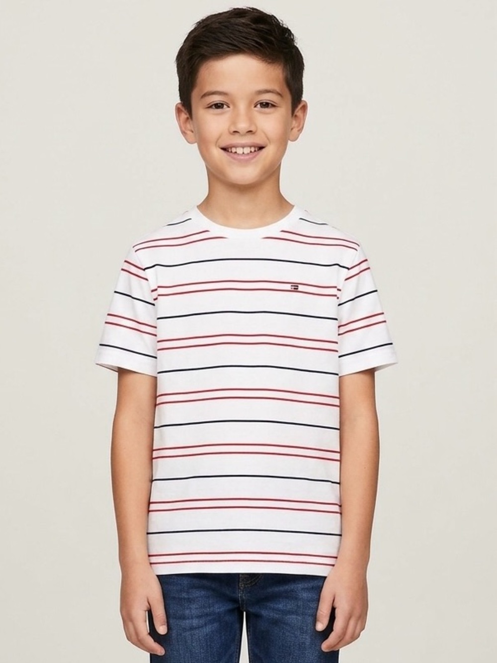 Tommy Hilfiger White Short-Sleeve Tee with Red & Navy Stripes
